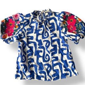 Yiayia Ponytail women’s Top embroidered short puff sleeves Sz small boho